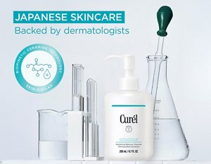 Curél Hydrating Makeup Cleanser surrounded by chemistry glass beakers, and a roundel showing Curél Biomimetic Ceramide Technology